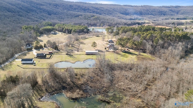 aerial view featuring a water view, a view of trees, and a rural view