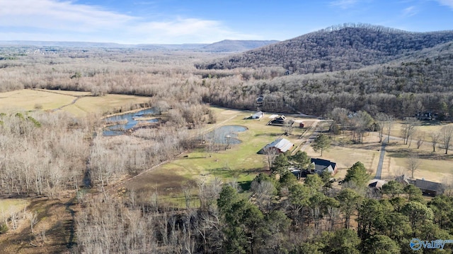 bird's eye view with a wooded view and a water and mountain view