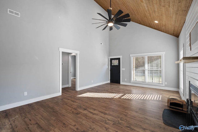 unfurnished living room with wood ceiling, a fireplace, visible vents, and wood finished floors