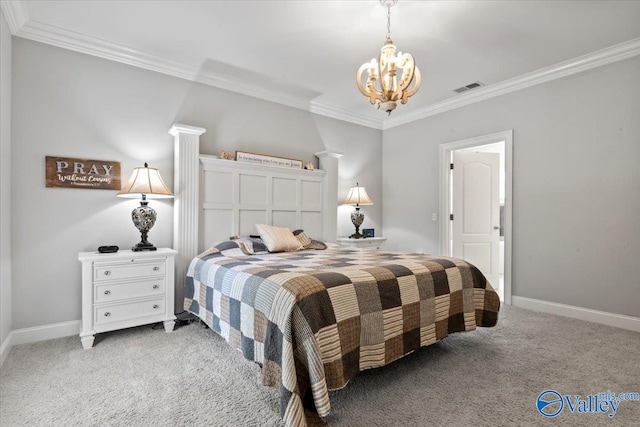 bedroom with a notable chandelier, visible vents, ornamental molding, and light carpet