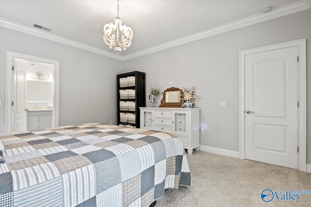 bedroom featuring carpet, visible vents, crown molding, and an inviting chandelier