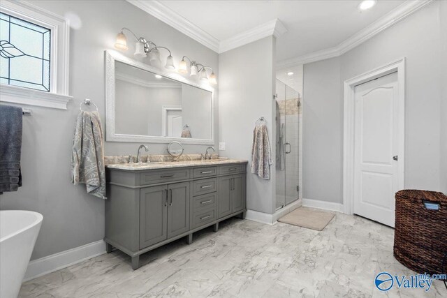 full bath featuring marble finish floor, double vanity, ornamental molding, baseboards, and a stall shower