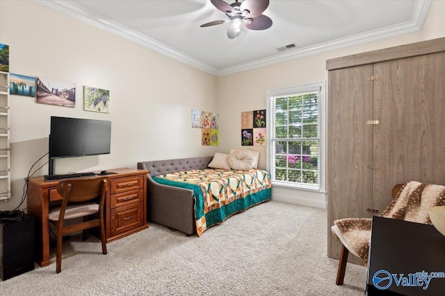 bedroom featuring a ceiling fan, light carpet, crown molding, and visible vents