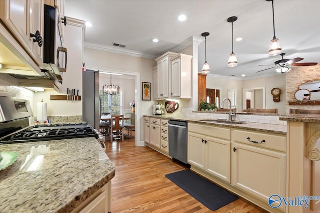 kitchen with ornamental molding, appliances with stainless steel finishes, a sink, and ceiling fan with notable chandelier