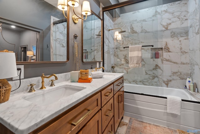 bathroom with bath / shower combo with glass door and vanity