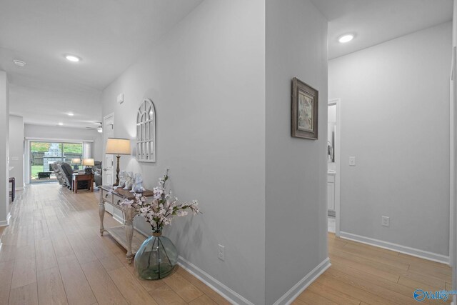 302 Shangrila Way, Meridianville, AL 35759 - hallway with light wood-style flooring, baseboards, and recessed lighting