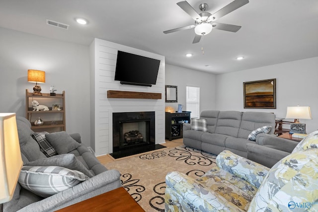 302 Shangrila Way, Meridianville, AL 35759 - living area with a ceiling fan, a large fireplace, and recessed lighting