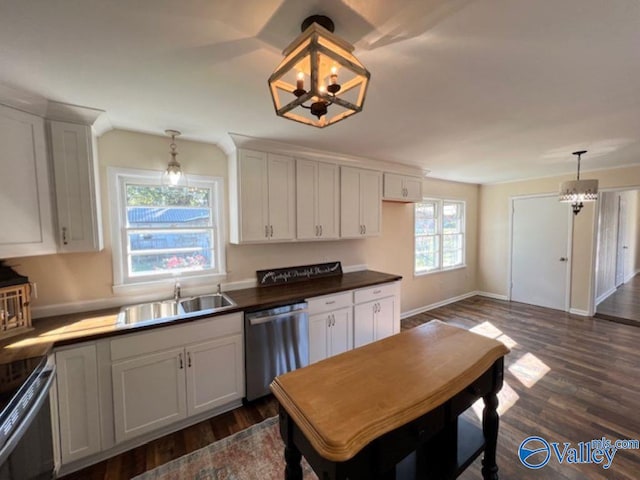 kitchen with a wealth of natural light, dishwasher, pendant lighting, and dark hardwood / wood-style floors