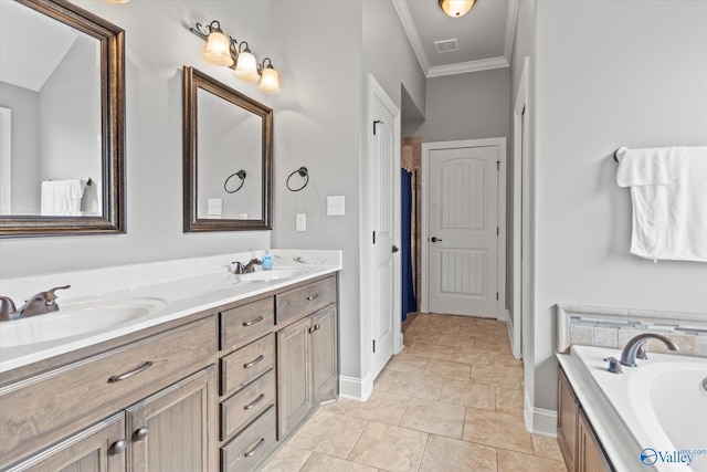 bathroom featuring a tub to relax in, vanity, and ornamental molding