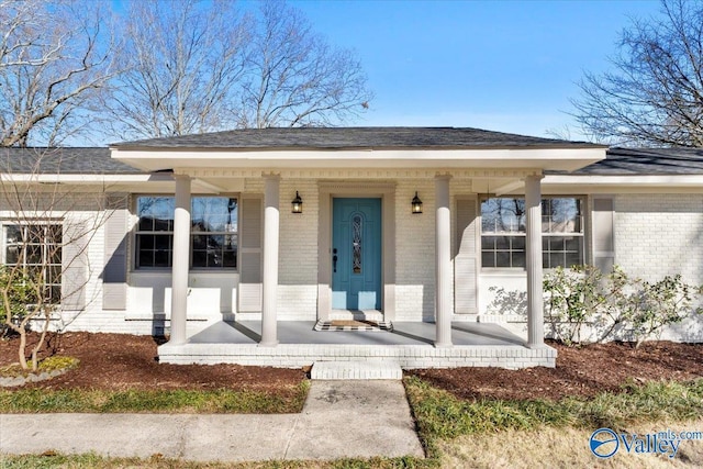 view of exterior entry featuring covered porch and brick siding