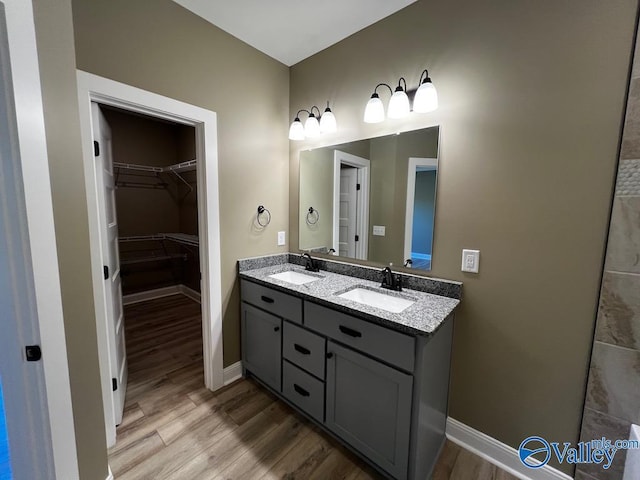 100 James Bowie Dr, Athens, AL 35611 - full bathroom with wood finished floors, baseboards, a spacious closet, and double vanity