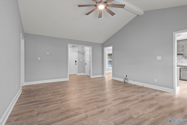 unfurnished living room featuring beamed ceiling, ceiling fan, high vaulted ceiling, and light hardwood / wood-style floors