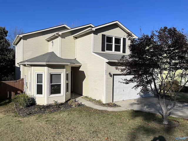 exterior space featuring a garage and a lawn