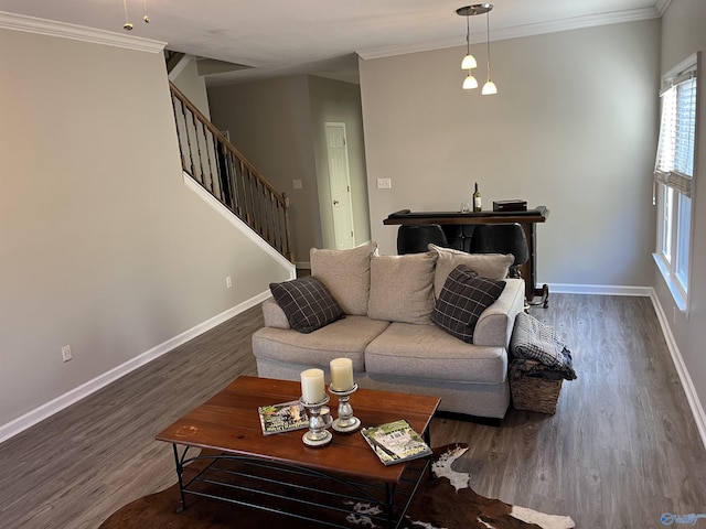 living room with dark hardwood / wood-style flooring and ornamental molding