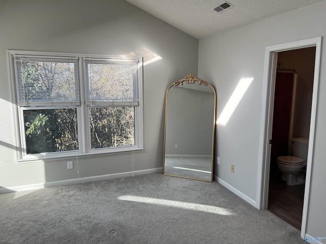 unfurnished bedroom featuring lofted ceiling, carpet flooring, and a textured ceiling