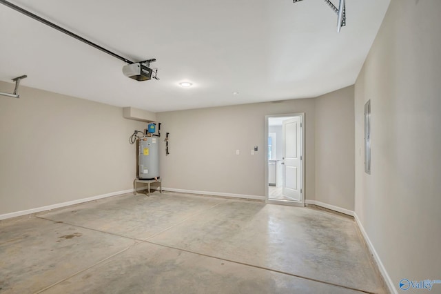 garage featuring electric water heater, a garage door opener, and baseboards