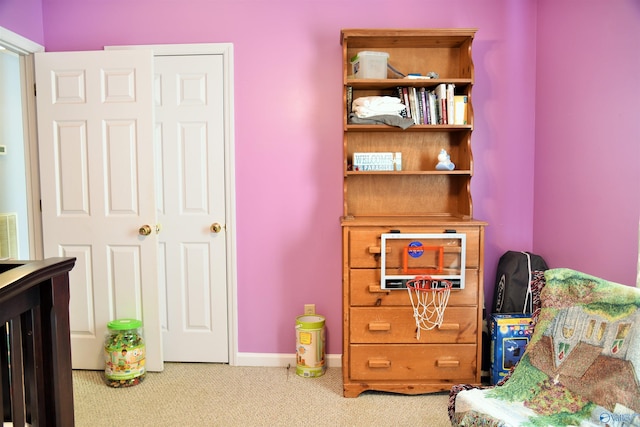 bedroom with light carpet