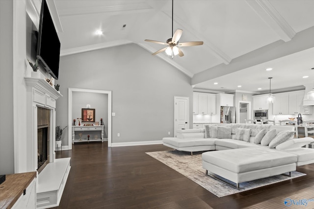 living room featuring beamed ceiling, ceiling fan, dark wood-type flooring, and high vaulted ceiling