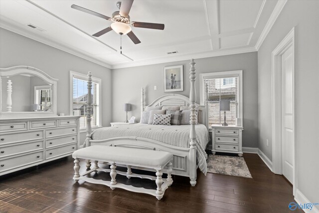 bedroom featuring ceiling fan, coffered ceiling, dark hardwood / wood-style floors, and multiple windows