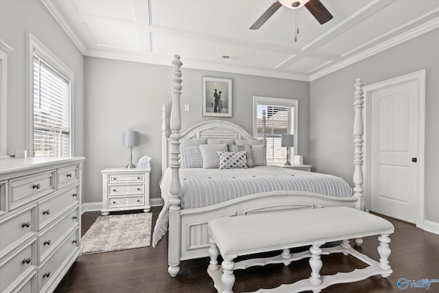 bedroom featuring ceiling fan, beamed ceiling, coffered ceiling, dark hardwood / wood-style floors, and crown molding