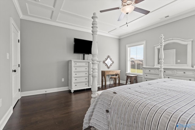 bedroom with ornamental molding, ceiling fan, coffered ceiling, and dark hardwood / wood-style floors