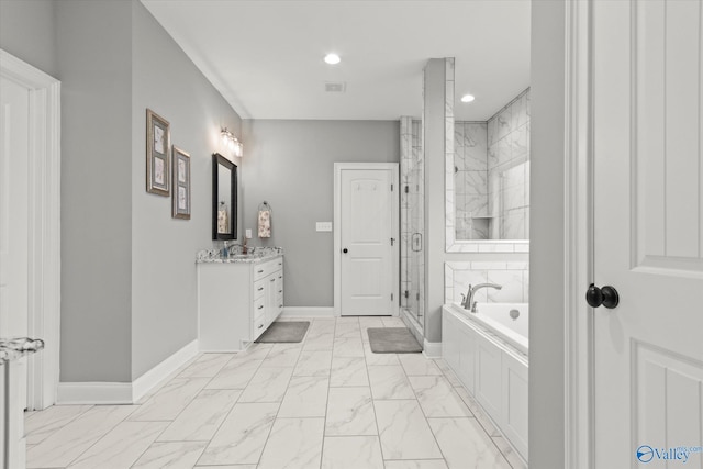 bathroom featuring independent shower and bath and vanity