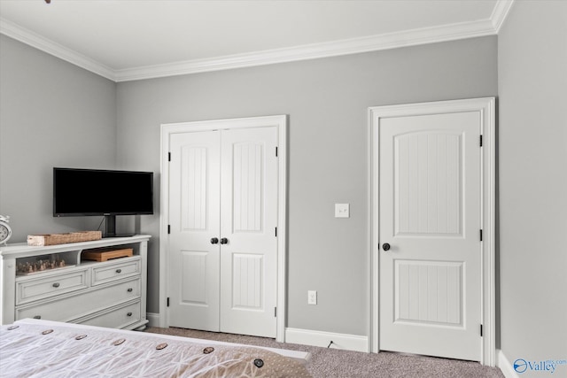 carpeted bedroom featuring ornamental molding and a closet