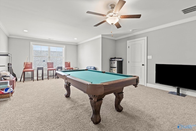 rec room featuring carpet floors, billiards, crown molding, and ceiling fan