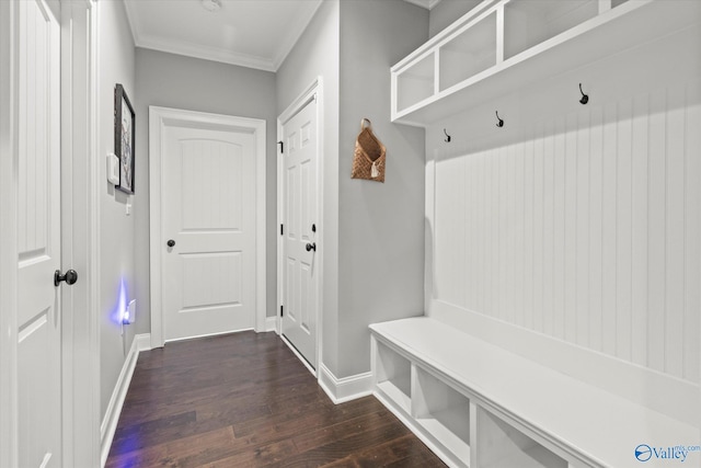 mudroom with ornamental molding and dark hardwood / wood-style flooring