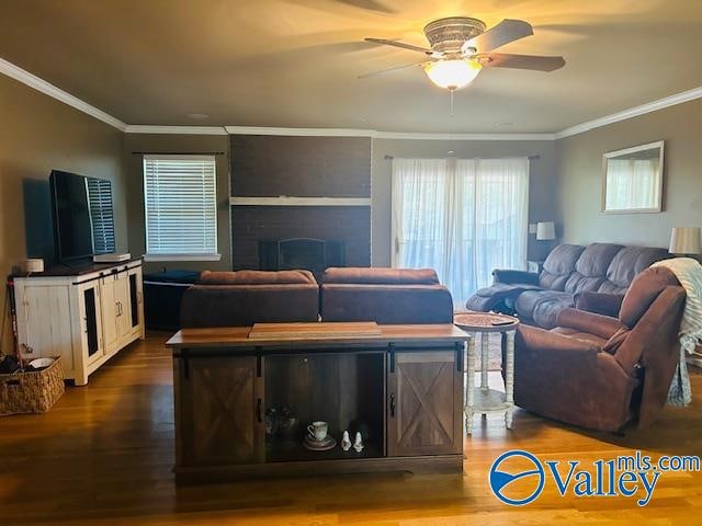 living room featuring ceiling fan, hardwood / wood-style flooring, and ornamental molding