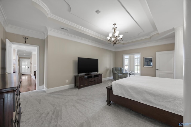 5000 Wainwright Ave, Huntsville, AL 35802 - bedroom with an inviting chandelier, ornamental molding, a tray ceiling, and visible vents
