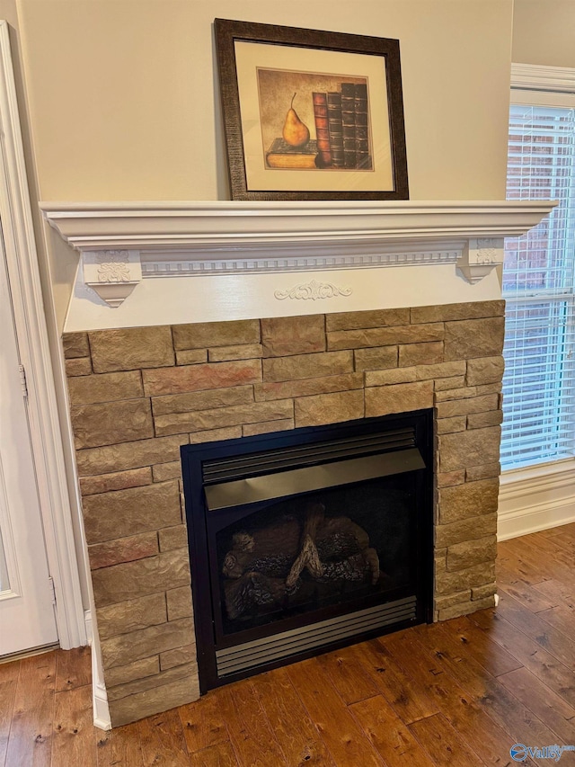 details with wood-type flooring and a stone fireplace