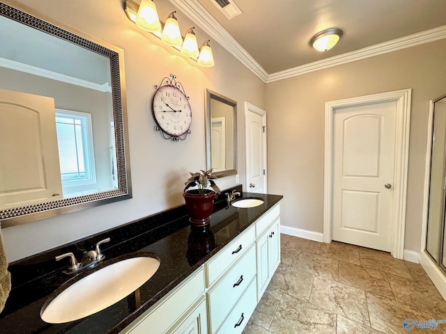 bathroom featuring an enclosed shower, ornamental molding, and vanity