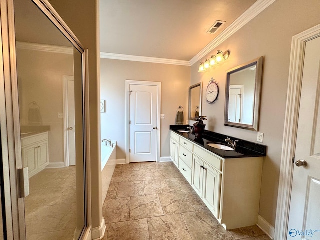 bathroom featuring vanity, crown molding, and separate shower and tub