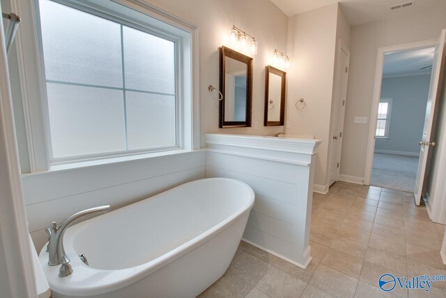 bathroom featuring tile patterned flooring, vanity, and a bathtub