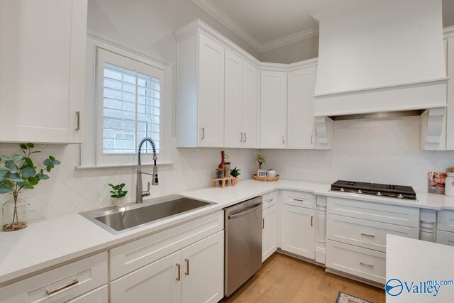 kitchen with backsplash, white cabinetry, sink, and stainless steel appliances