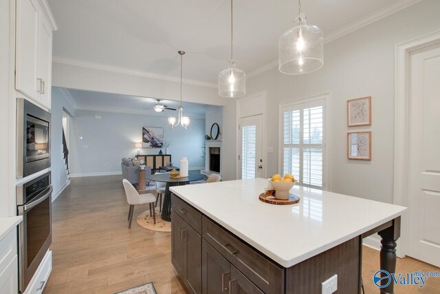 kitchen with white cabinetry, ceiling fan, hanging light fixtures, dark brown cabinets, and appliances with stainless steel finishes