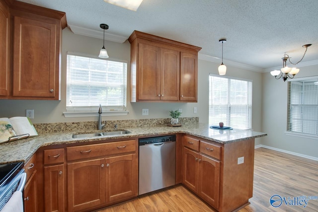kitchen featuring stainless steel dishwasher, a peninsula, crown molding, a sink, and brown cabinetry