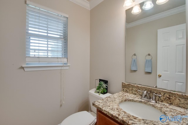 half bath featuring ornamental molding, toilet, and vanity