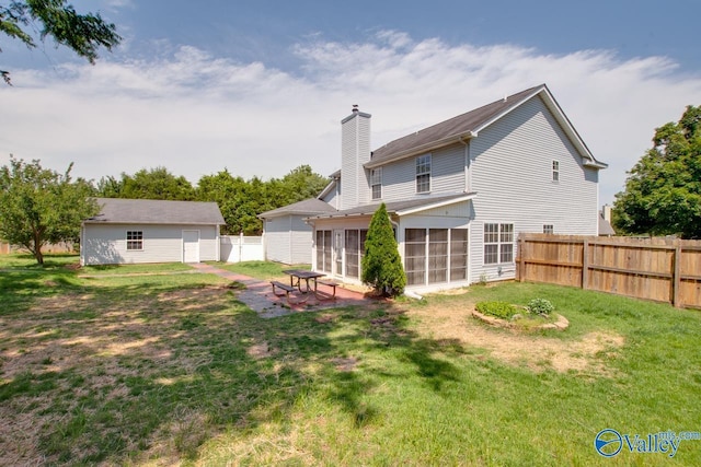 back of property featuring a sunroom and a chimney