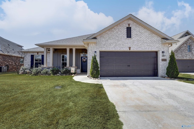 view of front of home with an attached garage, central AC, concrete driveway, a front lawn, and brick siding