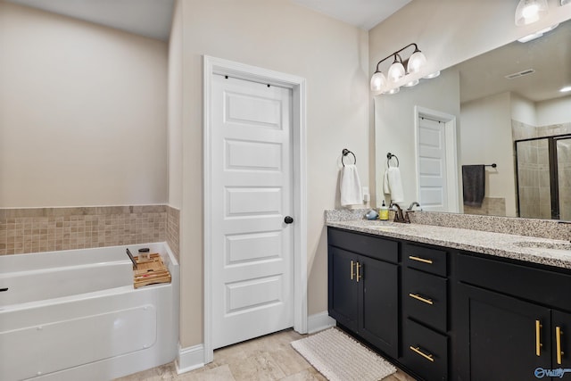 full bath featuring double vanity, a sink, a bath, visible vents, and a shower stall