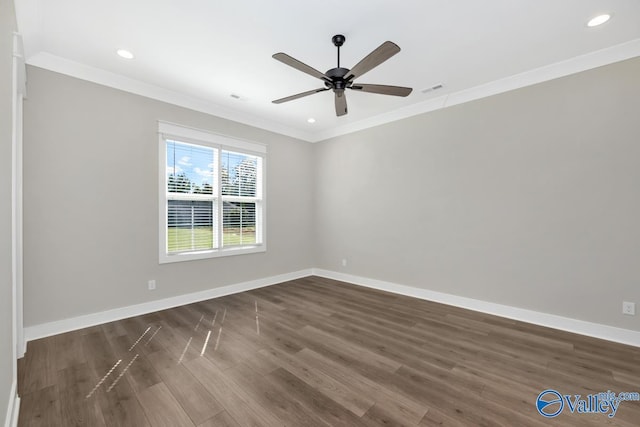 111 Mayapple Trl, Madison, AL 35756 - empty room with crown molding, baseboards, dark wood-type flooring, recessed lighting, and a ceiling fan
