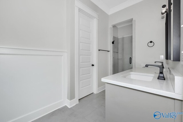 111 Mayapple Trl, Madison, AL 35756 - bathroom with vanity, crown molding, and a stall shower