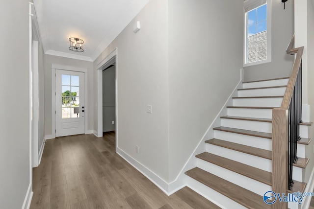 111 Mayapple Trl, Madison, AL 35756 - entryway featuring crown molding, baseboards, stairs, and wood finished floors