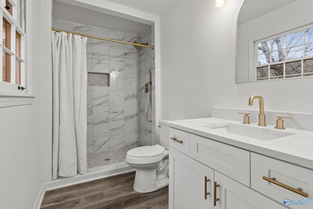 bathroom with a shower with curtain, vanity, toilet, and wood-type flooring