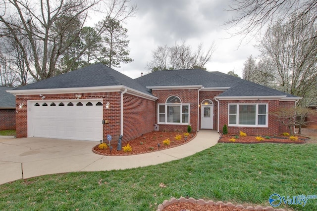 ranch-style house featuring concrete driveway, a garage, brick siding, and a front lawn