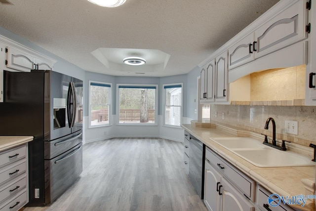 kitchen with backsplash, a tray ceiling, light wood-style flooring, appliances with stainless steel finishes, and a sink