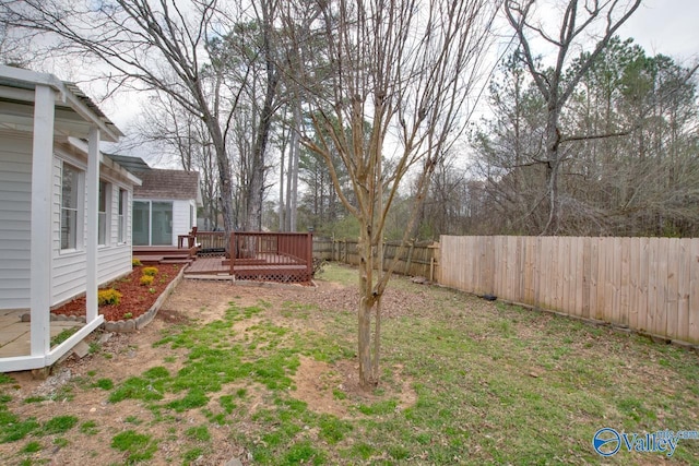 view of yard with a deck and a fenced backyard