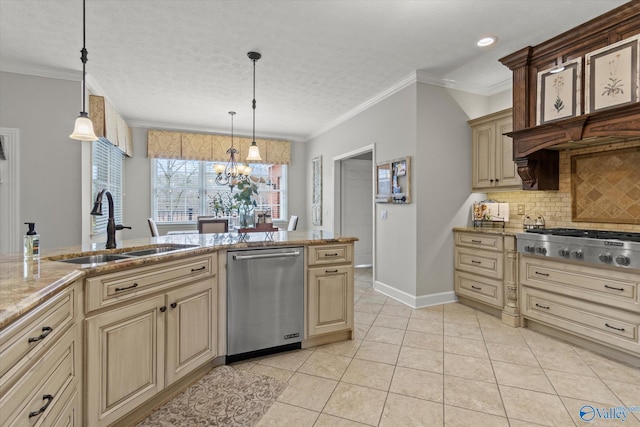 kitchen featuring sink, crown molding, hanging light fixtures, backsplash, and stainless steel appliances